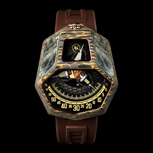 Luxury watch with intricate design and brown strap on black background