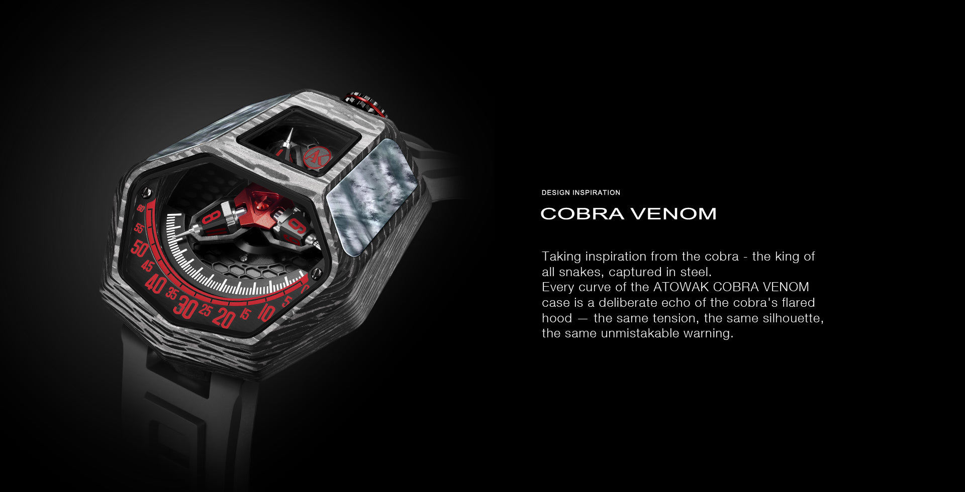 Cobra Venom watch with red accents on a black background