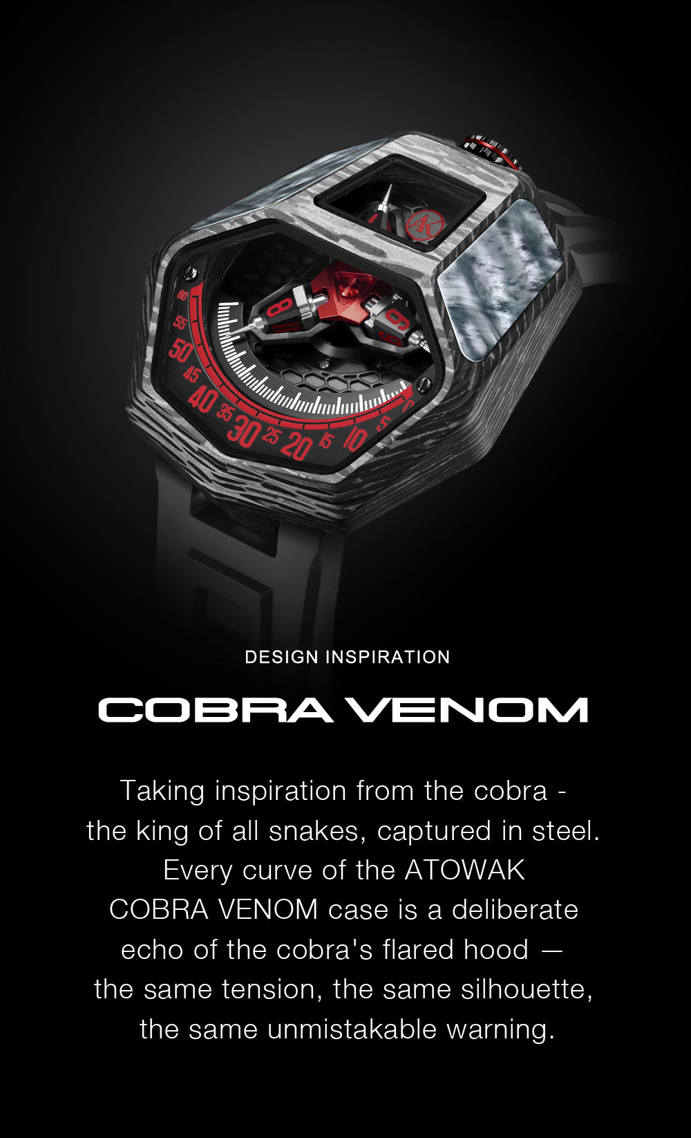Luxury watch with cobra design inspiration on a black background