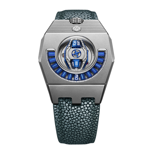 Luxury watch with blue dial and green strap on a white background