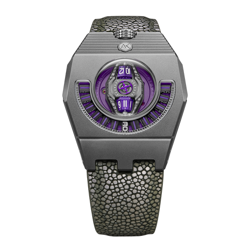 Luxury watch with purple face and textured band on a white background